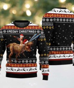 Meowry Christmas Cat Riding Dinosaur Ugly Sweater