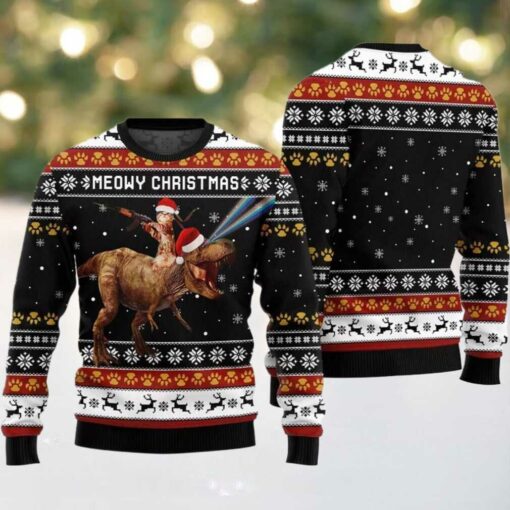 Meowry Christmas Cat Riding Dinosaur Ugly Sweater