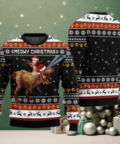 Meowry Christmas Cat Riding Dinosaur Ugly Sweater