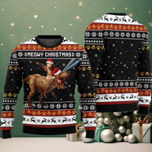 Meowry Christmas Cat Riding Dinosaur Ugly Sweater