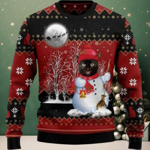 2025 Black Cat Santa Snowman Ugly Christmas Sweater