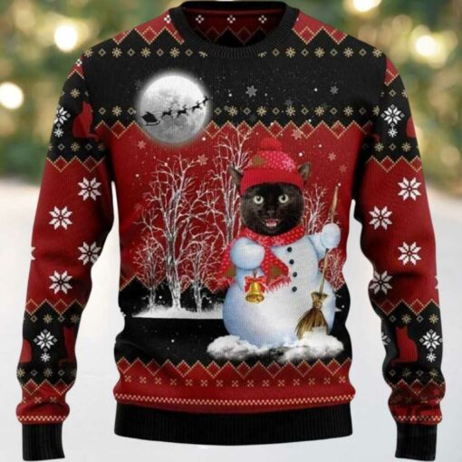 2025 Black Cat Santa Snowman Ugly Christmas Sweater