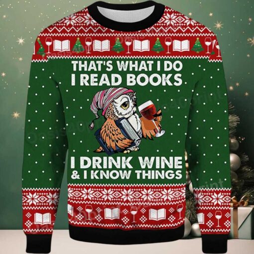 2025 Owl That’s What I Do I Read Books I Drink Wine and I Know Things Ugly Christmas Sweater