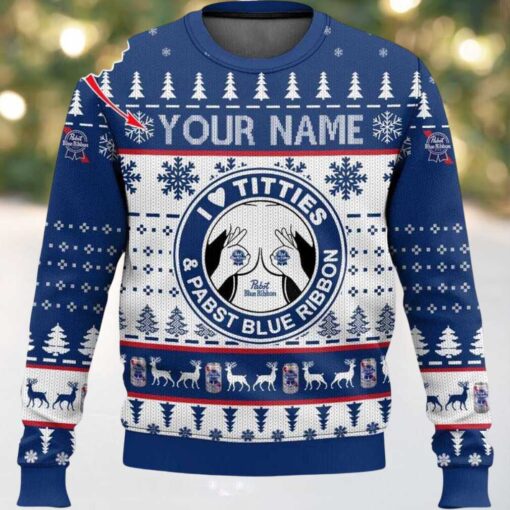 2025 Pabst Blue Ribbon Titties Christmas Ugly Sweater