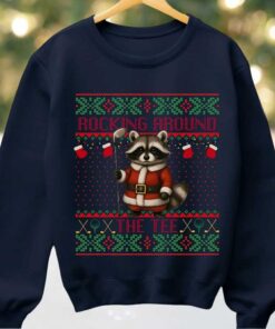 2025 Rocking Around The Tee Hockey Racoon Ugly Christmas Sweater