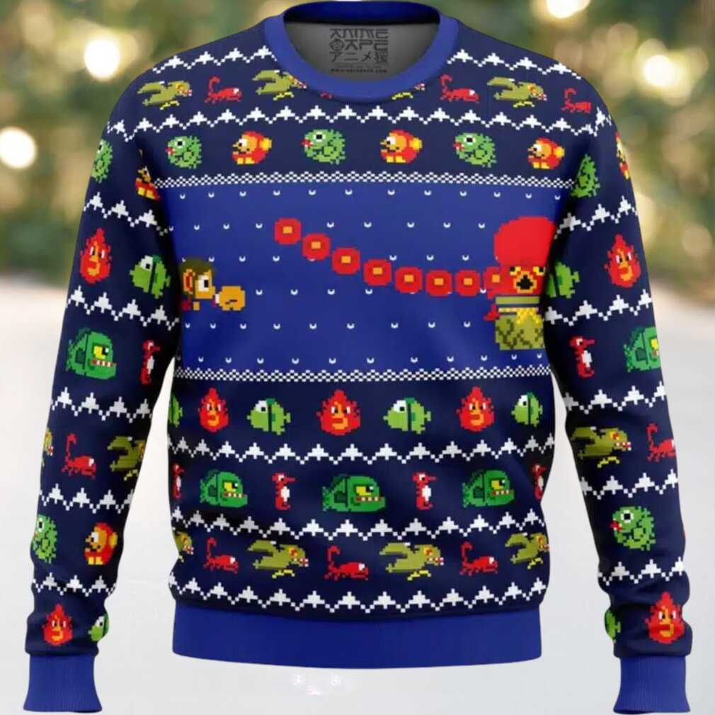 Alex Kidd In Christmas World Ugly Christmas Sweater, hoodie, sweater, long sleeve and tank top Close-up of Alex Kidd In Christmas World Ugly Christmas Sweater design showing Alex Kidd, pixelated game elements, and festive patterns