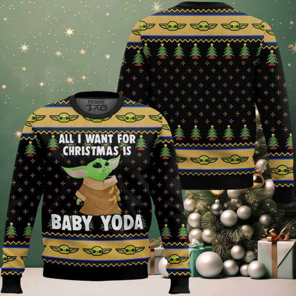 All I Wan For Christmas Is Baby Yoda Ugly Christmas Sweater, hoodie, sweater, long sleeve and tank top All I Want For Christmas Is Baby Yoda Ugly Christmas Sweater - Front View