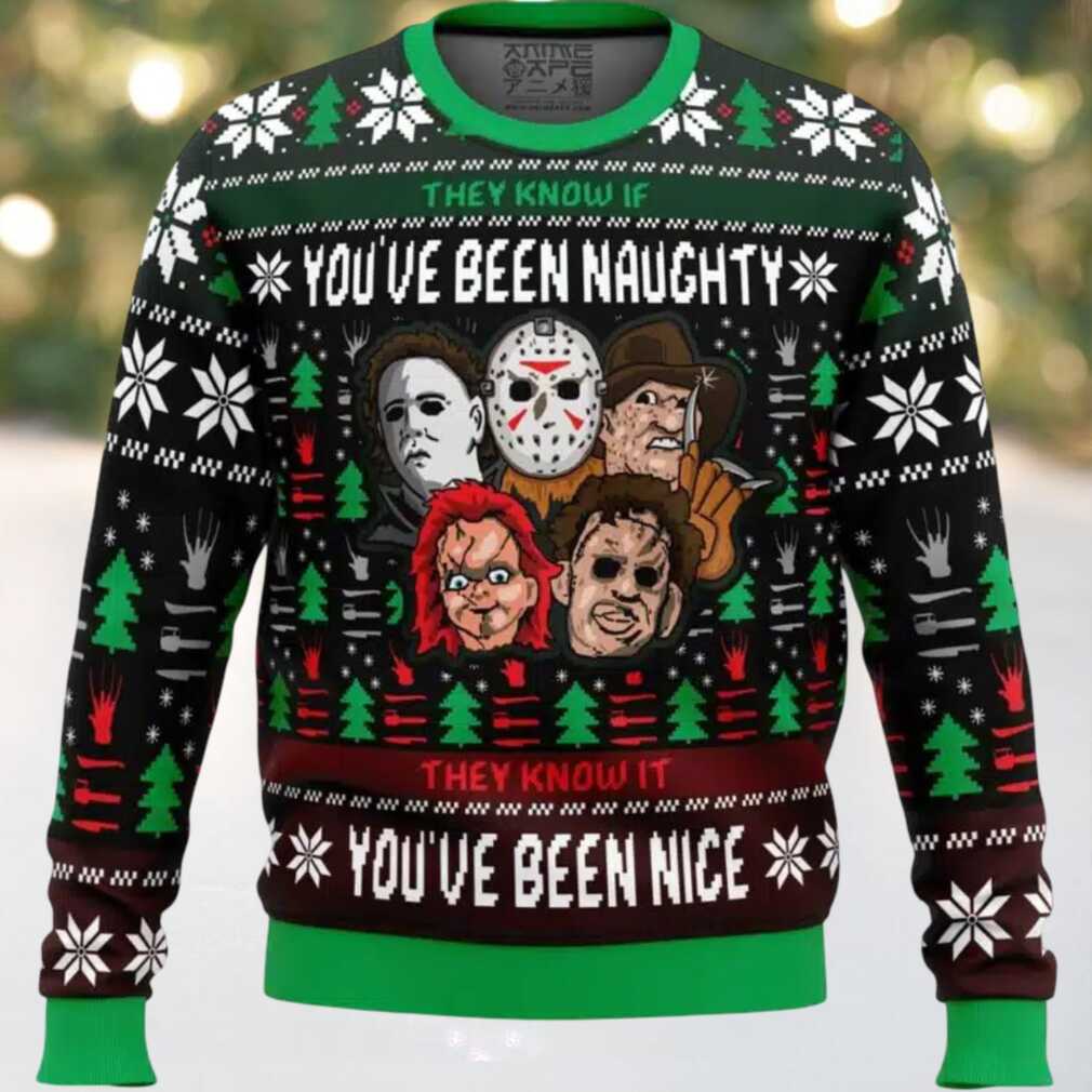 An Ugly Slasher Horror Movie Ugly Christmas Sweater, hoodie, sweater, long sleeve and tank top Close-up of An Ugly Slasher Horror Movie Ugly Christmas Sweater design featuring slasher movie iconography and Christmas patterns
