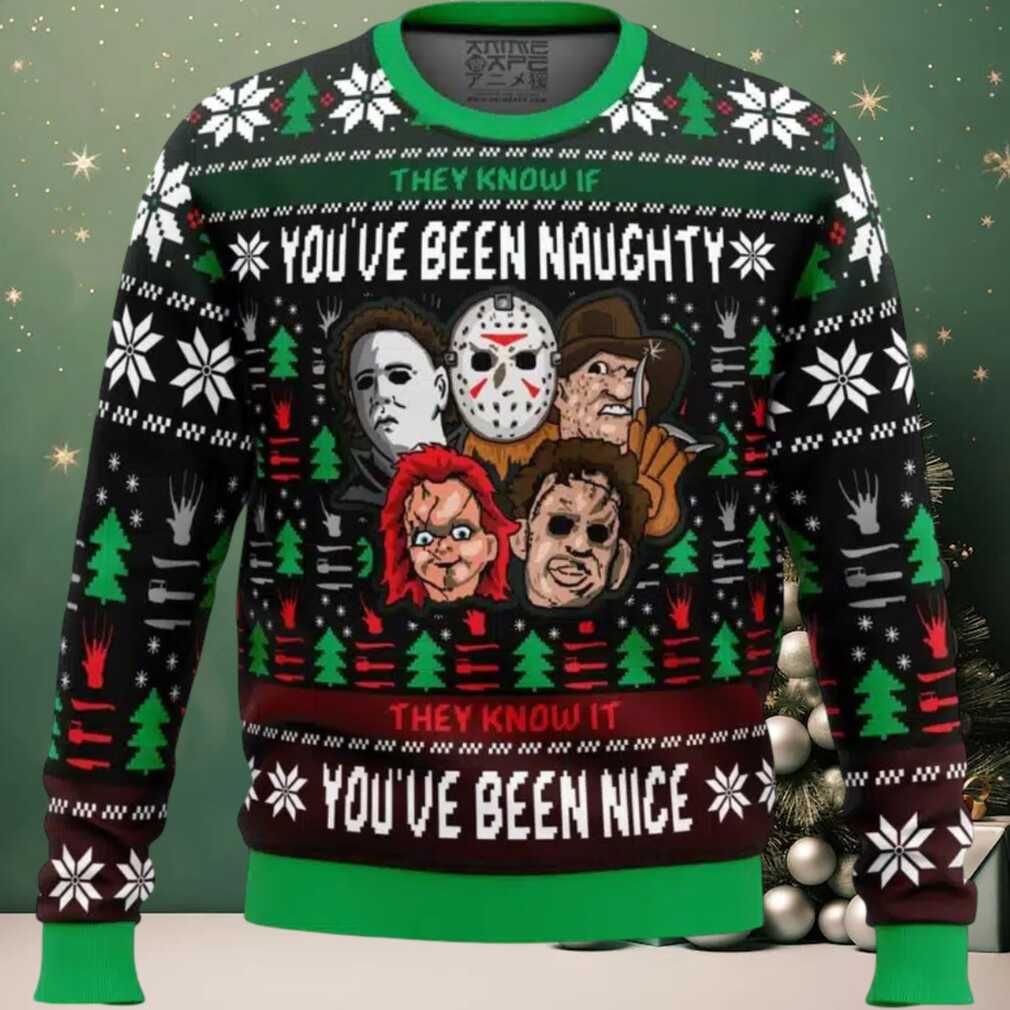 An Ugly Slasher Horror Movie Ugly Christmas Sweater, hoodie, sweater, long sleeve and tank top Person laughing and pointing at An Ugly Slasher Horror Movie Ugly Christmas Sweater at a festive event