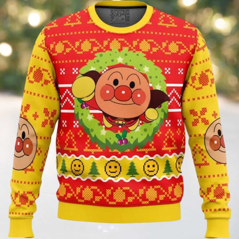 Anpanman Ugly Christmas Sweater, hoodie, sweater, long sleeve and tank top Close-up of Anpanman Ugly Christmas Sweater design showing Anpanman, snowflakes, and festive patterns