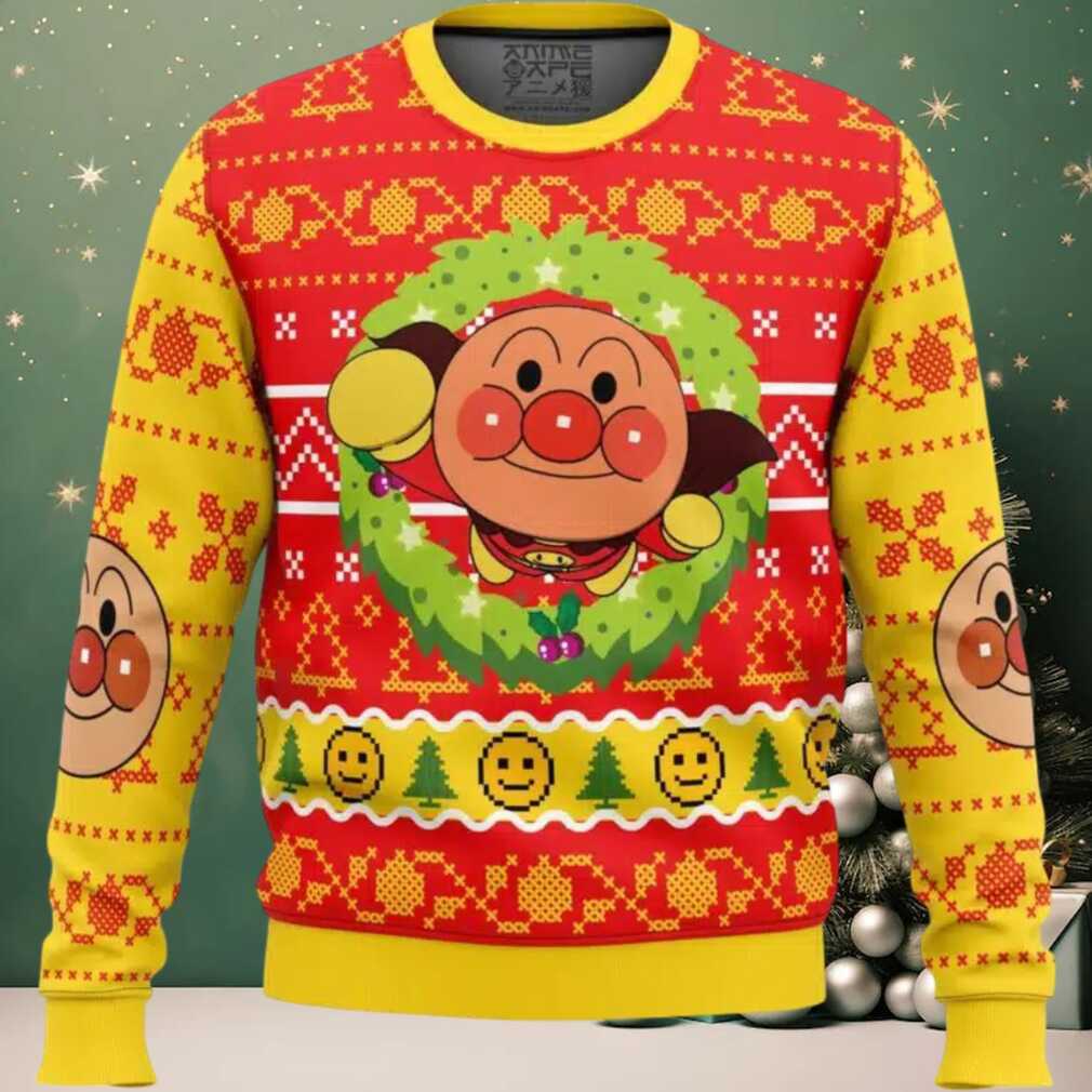 Anpanman Ugly Christmas Sweater, hoodie, sweater, long sleeve and tank top Person happily wearing Anpanman Ugly Christmas Sweater at a festive gathering