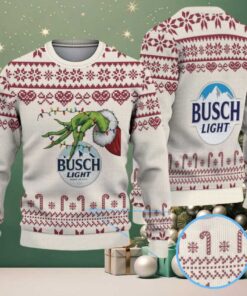 Beige & Burgundy Candy Cane Pattern “Busch Light Grinch Hand” Ugly Christmas Sweater