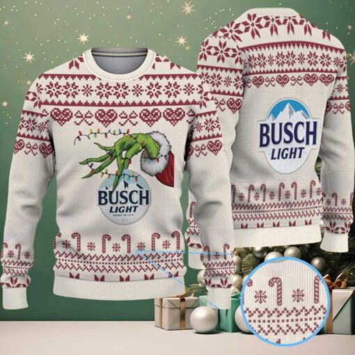 Beige & Burgundy Candy Cane Pattern “Busch Light Grinch Hand” Ugly Christmas Sweater