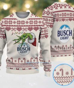 Beige & Burgundy Candy Cane Pattern “Busch Light Grinch Hand” Ugly Christmas Sweater
