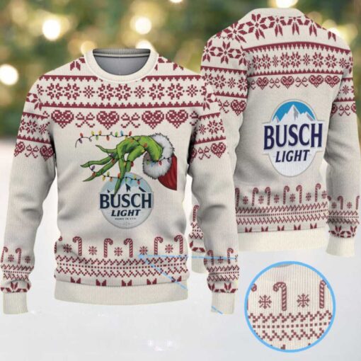 Beige & Burgundy Candy Cane Pattern “Busch Light Grinch Hand” Ugly Christmas Sweater