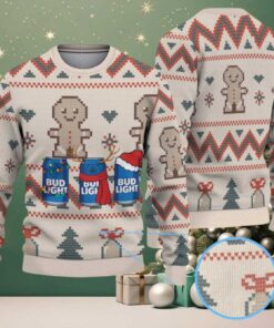 Beige Gingerbread & Christmas Pattern Bud Light Ugly Christmas Sweater