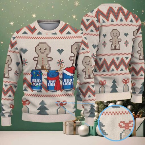 Beige Gingerbread & Christmas Pattern Bud Light Ugly Christmas Sweater