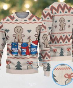 Beige Gingerbread & Christmas Pattern Bud Light Ugly Christmas Sweater