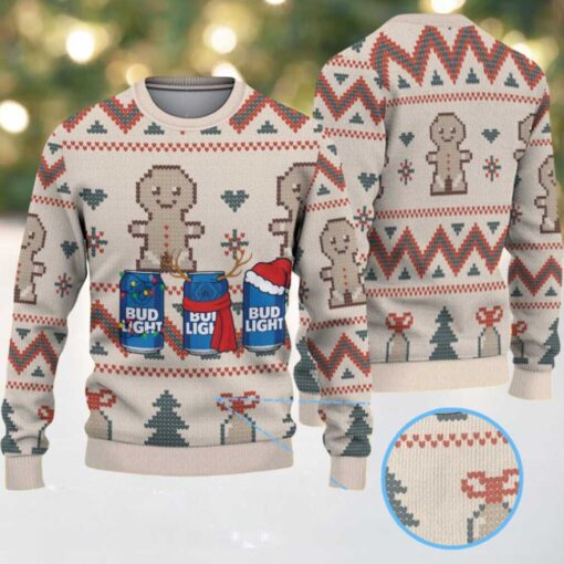 Beige Gingerbread & Christmas Pattern Bud Light Ugly Christmas Sweater