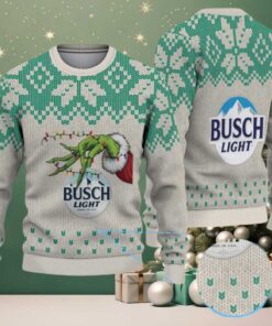 Beige & Green Snowflake Pattern “Busch Light Grinch Hand” Ugly Christmas Sweater