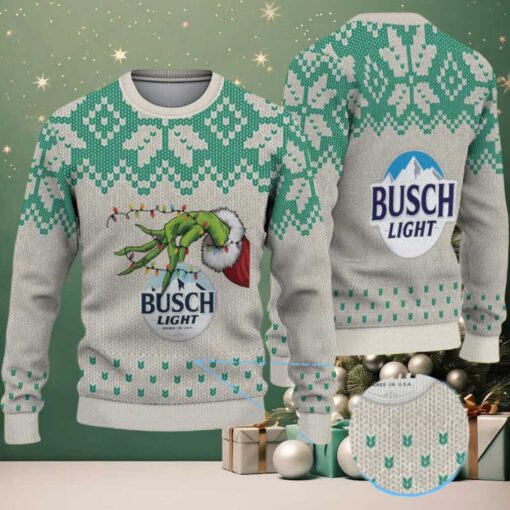 Beige & Green Snowflake Pattern “Busch Light Grinch Hand” Ugly Christmas Sweater