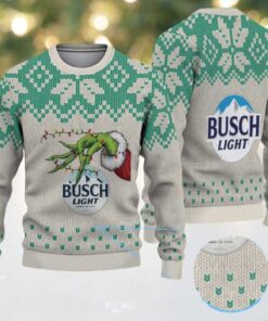 Beige & Green Snowflake Pattern “Busch Light Grinch Hand” Ugly Christmas Sweater