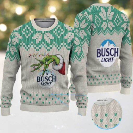 Beige & Green Snowflake Pattern “Busch Light Grinch Hand” Ugly Christmas Sweater
