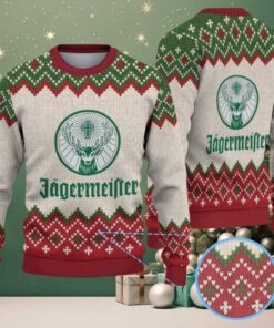 Beige Green and Red Fair Isle Zigzag Ugly Christmas Sweater Jagermeister Stag Logo Beige Green and Red Fair Isle Zigzag Ugly Christmas Sweater Jagermeister Stag Logo