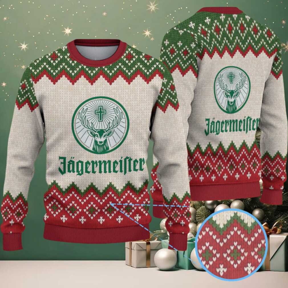 Beige Green and Red Fair Isle Zigzag Ugly Christmas Sweater Jagermeister Stag Logo Beige Green and Red Fair Isle Zigzag Ugly Christmas Sweater Jagermeister Stag Logo