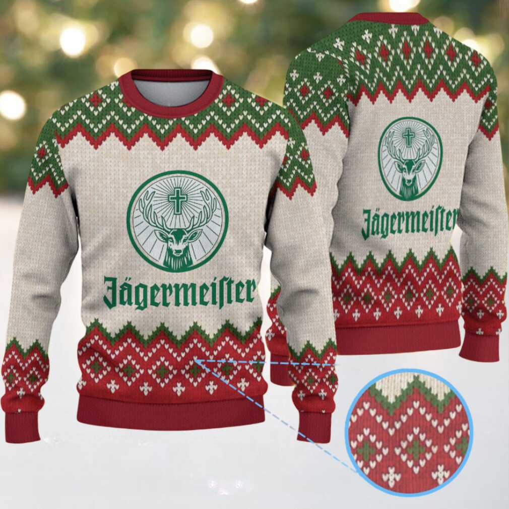 Beige Green and Red Fair Isle Zigzag Ugly Christmas Sweater Jagermeister Stag Logo Beige Green and Red Fair Isle Zigzag Ugly Christmas Sweater Jagermeister Stag Logo
