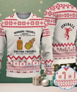 Beige & Red Candy Cane Pattern “Drinking and Casting Fireball” Ugly Christmas Sweater – Fireball Cinnamon Whisky Edition
