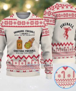 Beige & Red Candy Cane Pattern “Drinking and Casting Fireball” Ugly Christmas Sweater – Fireball Cinnamon Whisky Edition
