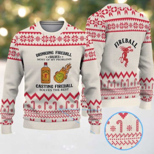 Beige & Red Candy Cane Pattern “Drinking and Casting Fireball” Ugly Christmas Sweater – Fireball Cinnamon Whisky Edition