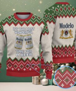 Beige, Red & Green Diamond Pattern “Modelo Beer Christmas Edition” Ugly Sweater