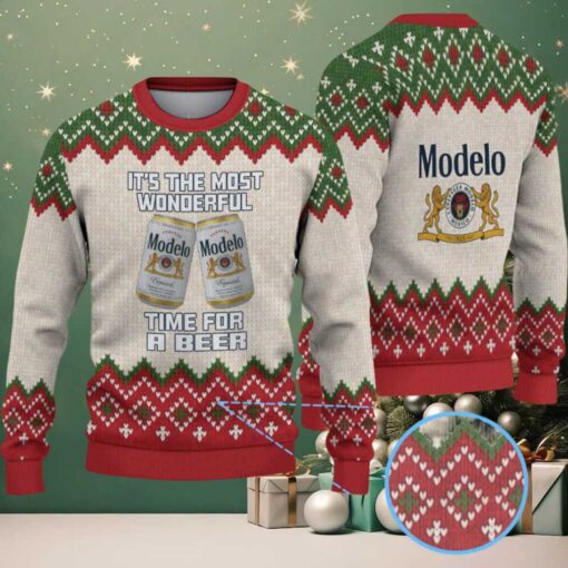 Beige, Red & Green Diamond Pattern “Modelo Beer Christmas Edition” Ugly Sweater
