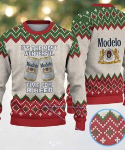 Beige, Red & Green Diamond Pattern “Modelo Beer Christmas Edition” Ugly Sweater