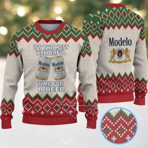 Beige, Red & Green Diamond Pattern “Modelo Beer Christmas Edition” Ugly Sweater