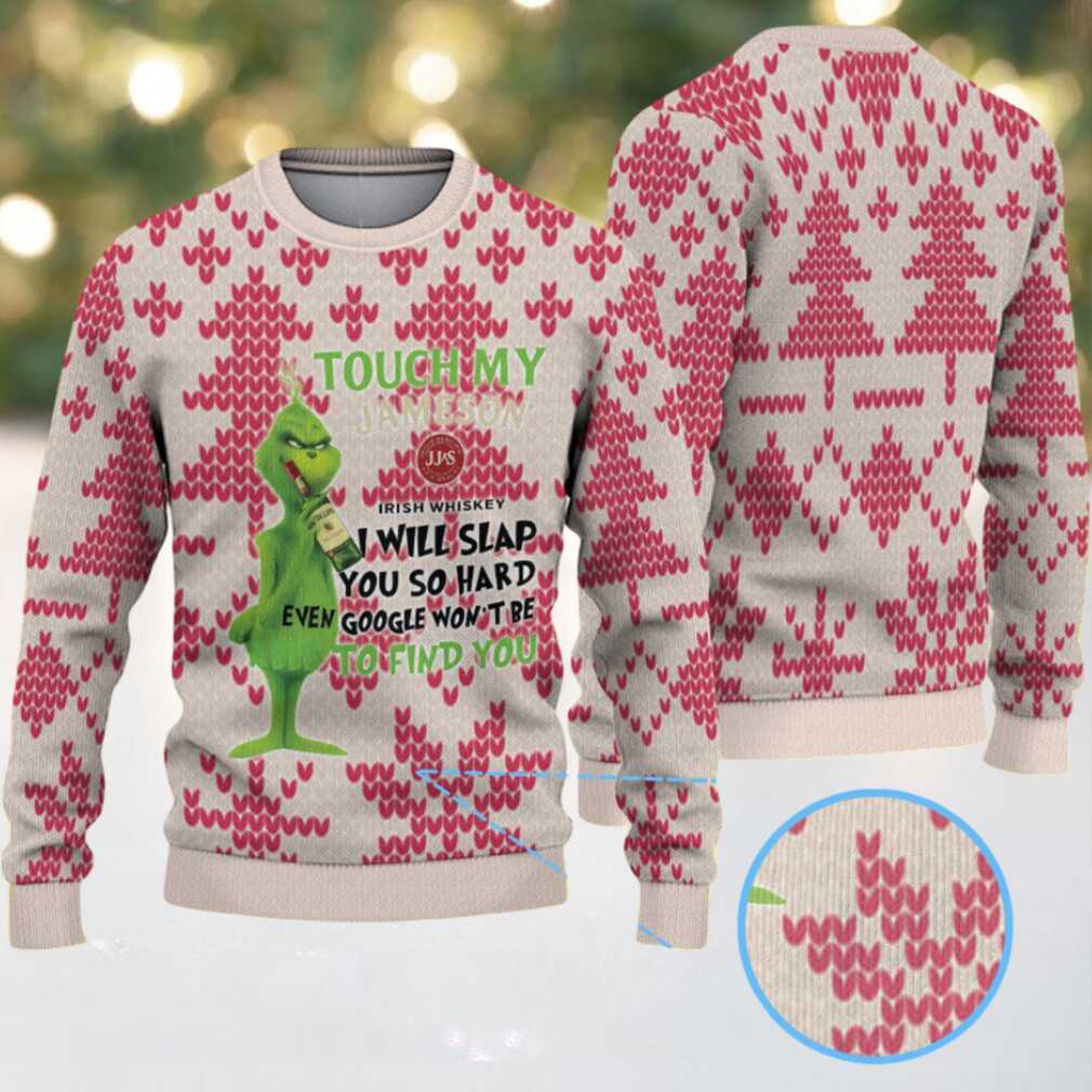 Beige Red Jameson Grinch Touch My Whiskey Christmas Ugly Sweater, hoodie, sweater, long sleeve and tank top Beige Red Jameson Grinch Touch My Whiskey Christmas Ugly Sweater back view