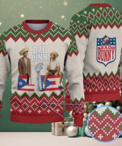 Beige & Red Knit Christmas Tree Pattern “Bad Bunny Holiday Trophy” Ugly Christmas Sweater