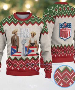 Beige & Red Knit Christmas Tree Pattern “Bad Bunny Holiday Trophy” Ugly Christmas Sweater