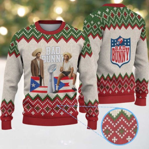 Beige & Red Knit Christmas Tree Pattern “Bad Bunny Holiday Trophy” Ugly Christmas Sweater