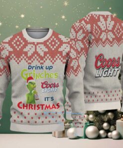 Beige & Red Snowflake Pattern “Drink Up Grinches – It’s Christmas” Coors Light Ugly Christmas Sweater