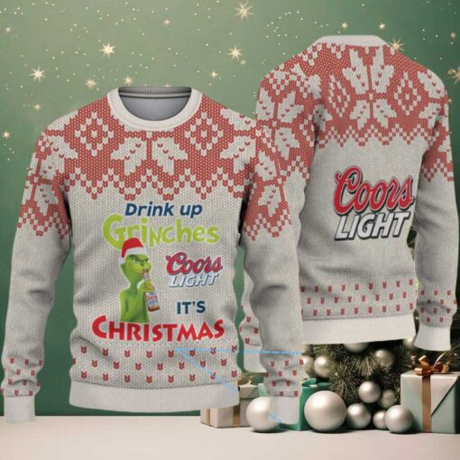 Beige & Red Snowflake Pattern “Drink Up Grinches – It’s Christmas” Coors Light Ugly Christmas Sweater