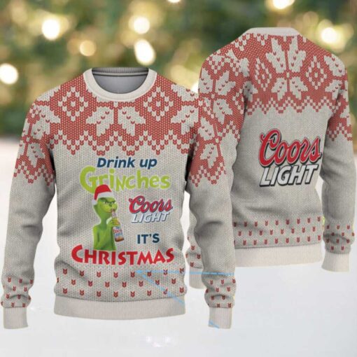 Beige & Red Snowflake Pattern “Drink Up Grinches – It’s Christmas” Coors Light Ugly Christmas Sweater