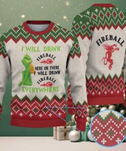 Beige & Red Zigzag Pattern “Fireball Cinnamon Whisky & Grinch” Ugly Christmas Sweater