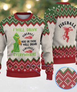 Beige & Red Zigzag Pattern “Fireball Cinnamon Whisky & Grinch” Ugly Christmas Sweater