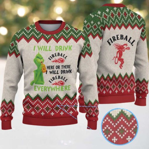 Beige & Red Zigzag Pattern “Fireball Cinnamon Whisky & Grinch” Ugly Christmas Sweater