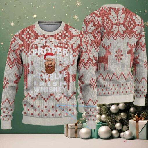 Beige and Red Reindeer Snowflake Pattern “Proper Twelve Irish Whiskey” Ugly Christmas Sweater