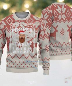 Beige and Red Reindeer Snowflake Pattern “Proper Twelve Irish Whiskey” Ugly Christmas Sweater