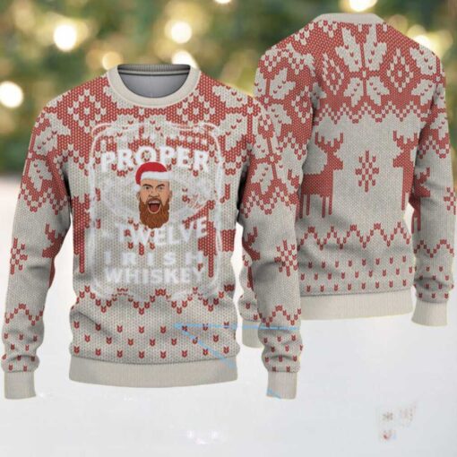 Beige and Red Reindeer Snowflake Pattern “Proper Twelve Irish Whiskey” Ugly Christmas Sweater